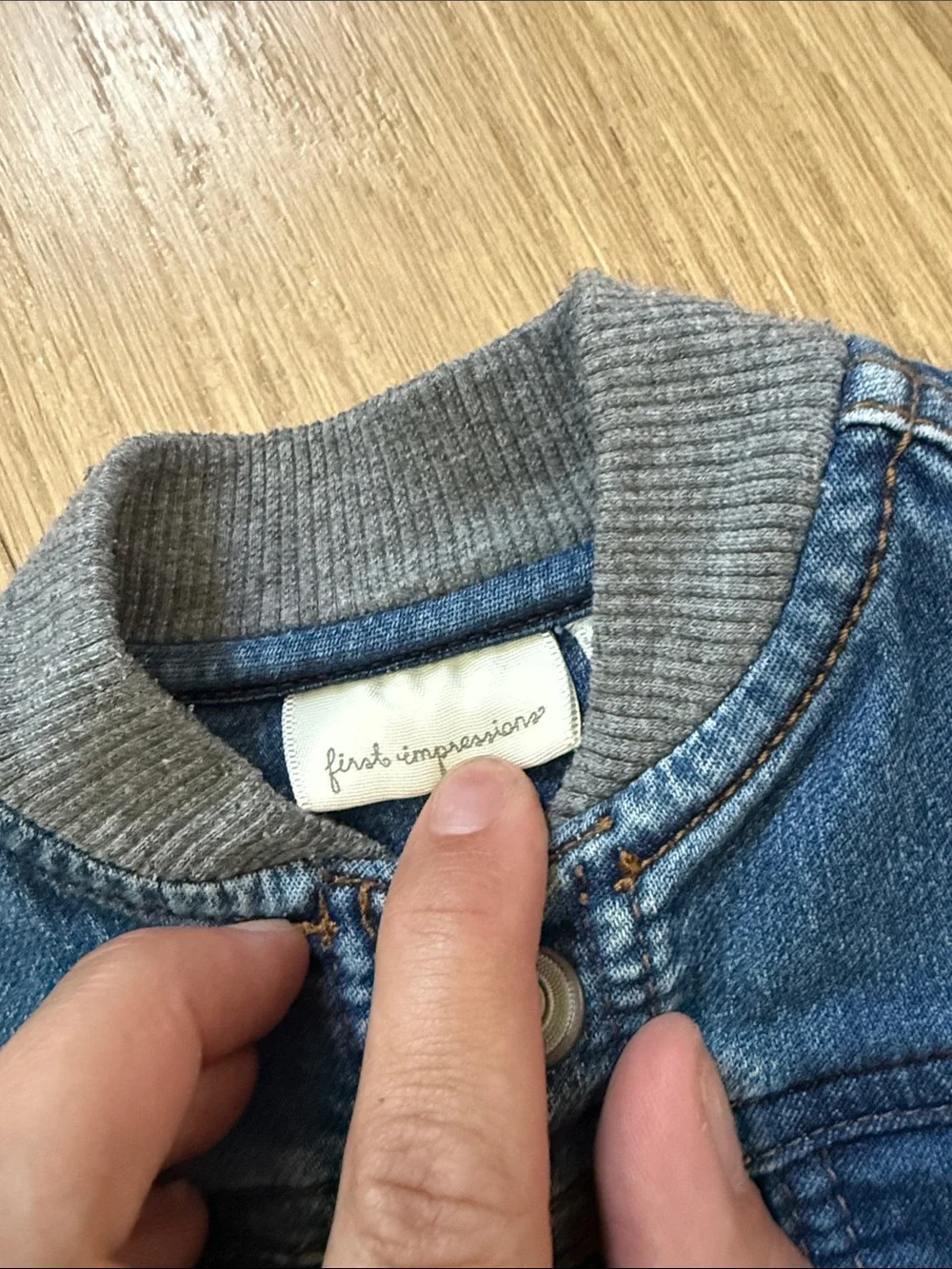 First Impressions Blue Denim Jacket with Gray Knit Sleeves Size 12 Months